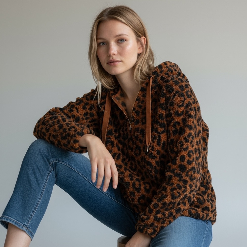 THE‎ LOFT - SIZE SMALL - LEOPARD PRINT - FRONT QTR ZIP SWEATSHIRT HOODIE